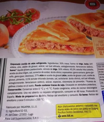 Lista de ingredientes del producto Empanada de thon Chef Select 