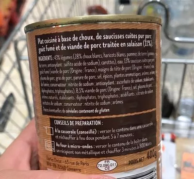 Lista de ingredientes del producto Potée aux choux Toque du chef 400g