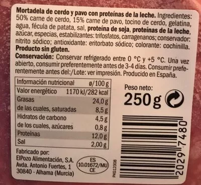 Lista de ingredientes del producto Mortadela Realvalle 250 g