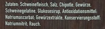 Lista de ingredientes del producto Bacon, Air-dried, Mexican Chipotle Style Tulip Fleischwaren Oldenburg GmbH 100 g