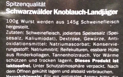 Lista de ingredientes del producto Schwarzwälder Knoblauch-Landjäger Spitzenqualität Dulano 160 g