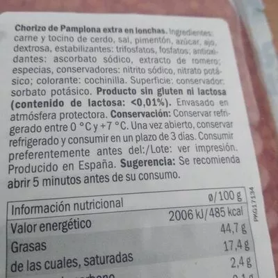 Lista de ingredientes del producto Chorizo Pamplona Extra Realvalle 200 g