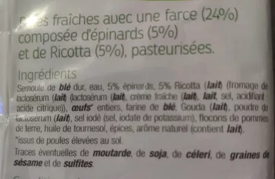 Lista de ingredientes del producto Tortellini  Épinards & Ricotta Toque du Chef 400g