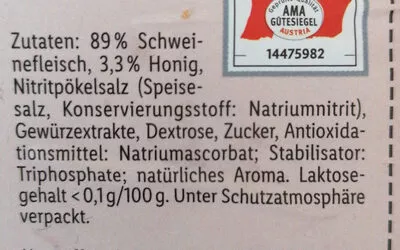 Lista de ingredientes del producto Honigkrusten Schinken Wiesentaler 150 g