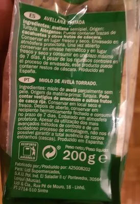 Lista de ingredientes del producto Avellana tostada sin sal Alesto 200g