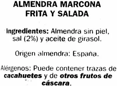 Lista de ingredientes del producto Almendras fritas Variedad Marcona Alesto 200 g