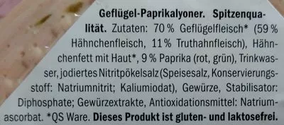 Lista de ingredientes del producto Geflügel Paprikalyoner Dulano 200g