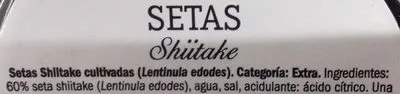 Lista de ingredientes del producto Setas shiitake Deluxe 280 g neto, 170 g escurrido, 310 ml