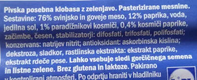 Lista de ingredientes del producto Pivska posebna klobasa z zelenjavo Pikok 150g