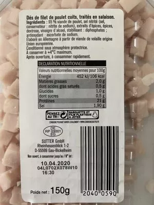 Lista de ingredientes del producto Dés de poulet Saint Alby, Dulano 150 g