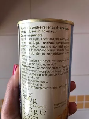 Lista de ingredientes del producto Aceitunas manzanilla rellenas de anchoa Baresa 