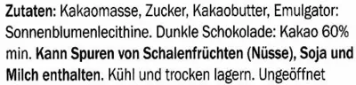 Lista de ingredientes del producto Edel-Bitter-Schokolade Amazonas 60% Kakao J.D. Gross 125 g (3 x 41,7 g)