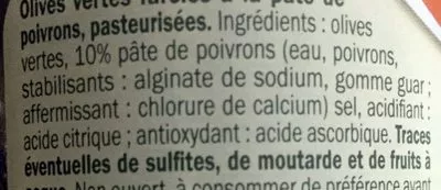 Lista de ingredientes del producto Olives Vertes Farcies à la Pâte de Poivron Baresa 220 g e / 244 ml / 130 g égoutté