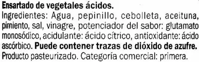 Lista de ingredientes del producto Surtido de encurtidos en banderillas "Baresa" Dulces Baresa 340 g (neto), 160 g (escurrido), 370 ml