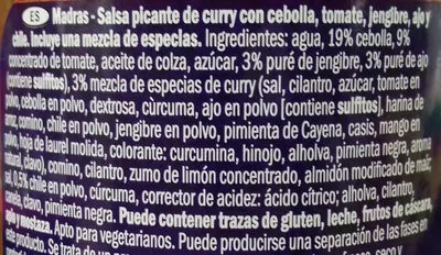 Lista de ingredientes del producto Salsa de curry Madrás Vitasia 350 g