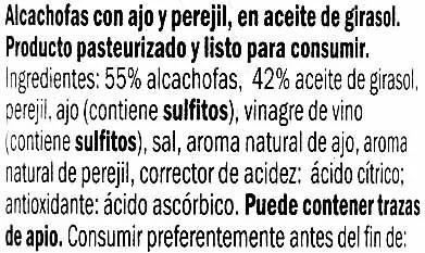 Lista de ingredientes del producto Carciofi in olio di girasole Italiamo 285 g (neto), 157 g (escurrido), 314 ml