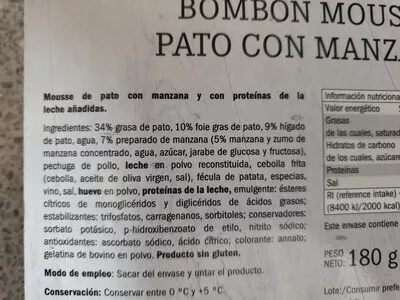 Lista de ingredientes del producto Bombon mousse pato con manzana Deluxe 80 g