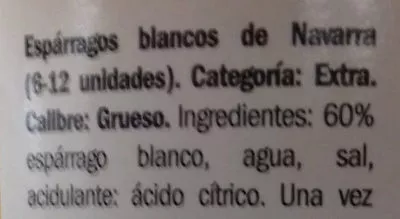 Lista de ingredientes del producto Esparragos de Navarra Deluxe 530 g - neto, 325 g - escurrido, 580 ml