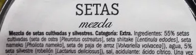 Lista de ingredientes del producto Setas al natural del bosque Deluxe 280 g neto, 170 g escurrido, 310 ml