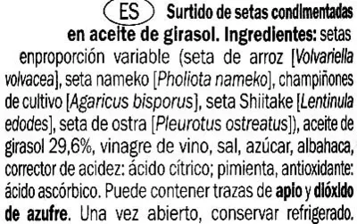 Lista de ingredientes del producto Mezcla de setas condimentadas en conserva Baresa 290 g (neto), 190 g (escurrido), 314 ml