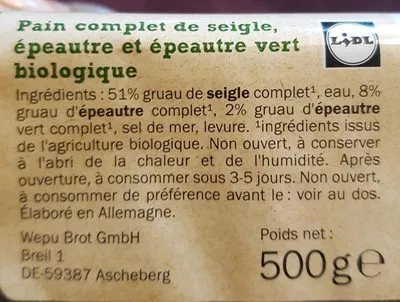 Lista de ingredientes del producto pain complet de seigle épeautre et épeautre vert Maître Jean Pierre,  Grafschafter 500g