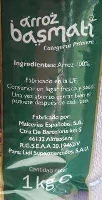 Lista de ingredientes del producto Arroz basmati  1 kg