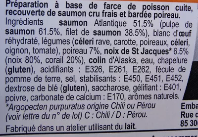 Lista de ingredientes del producto Paupiettes saumon-st jacques-poireau Rolmer 250g en 2 unités