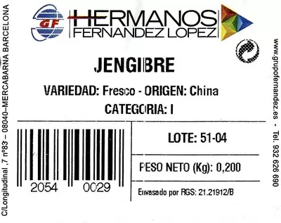 Lista de ingredientes del producto Jengibre fresco Hermanos Fernández López 200 g