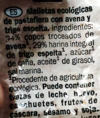 Lista de ingredientes del producto Galletas ecológicas de espelta con avena Sondey 125 g