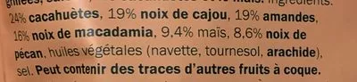 Lista de ingredientes del producto Mélange de noix maïs et noix de macadamia Alesto 200g