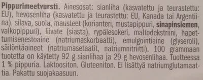 Lista de ingredientes del producto Pippurimeetvursti Kartanon, Lidl 200g