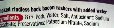 Lista de ingredientes del producto smoked back bacon - 14 rashers WARREN & SONS 500g