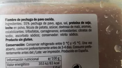 Lista de ingredientes del producto Pechuga pavo sandwich Realvalle 250 g