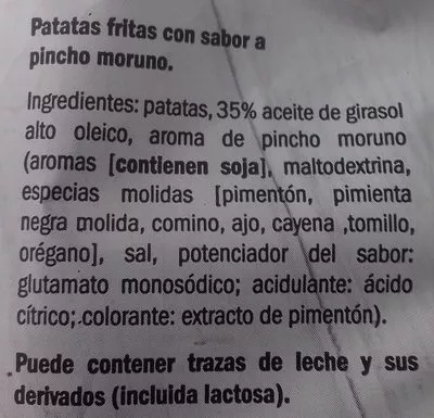 Lista de ingredientes del producto Patatas fritas al estilo Marrakesh Deluxe 125 g