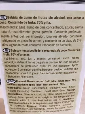 Lista de ingredientes del producto Solevita Piña Colada Style El Tequito 