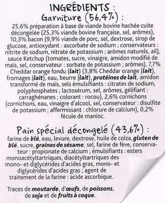 Lista de ingredientes del producto Maxi Bacon Burger micro-ondable Chef Select to go, Chef to go Select 195 g