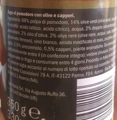 Lista de ingredientes del producto Sugo Alle Olive Combino 350 g