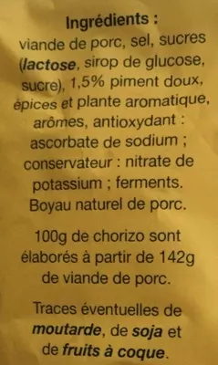 Lista de ingredientes del producto Chorizo extra fort Le Césarin 225 g