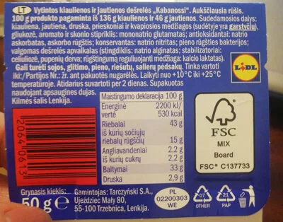 Lista de ingredientes del producto Vytintos kiaulienos ir jautienos dešrelės and 'Kabanossi' Lidl 50