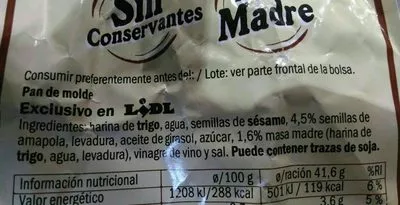 Lista de ingredientes del producto Pan semillas de Amapola la cestera 750 g