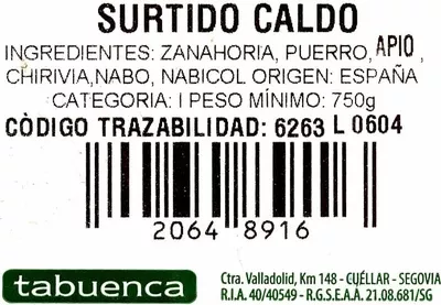 Lista de ingredientes del producto Mezcla de verduras y hortalizas para caldo Tabuenca 750 g