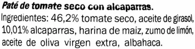 Lista de ingredientes del producto Paté de tomate seco alcaparras Deluxe 180 g