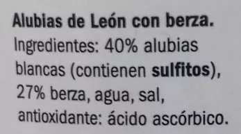 Lista de ingredientes del producto Alubia de León con berza Deluxe 660 g (neto), 450 g (escurrido), 720 ml