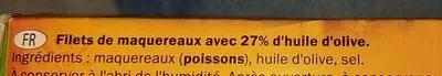 Lista de ingredientes del producto Filets de maquereaux avec 27% d’huile d’olive Sol Mar 125 g