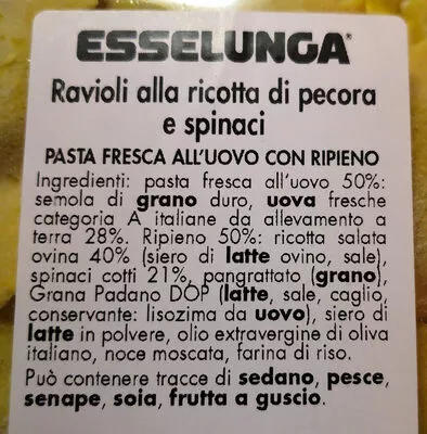 Lista de ingredientes del producto sfarinati ravioli ricotta e spinaci esselunga 250 g