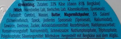 Lista de ingredientes del producto Brotzeitcreme mit Bergkäse und Salami Alpengut, Jeremi 200 g