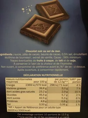 Lista de ingredientes del producto Chocolat noir à la pointe de sel J.D.Gross 125 g