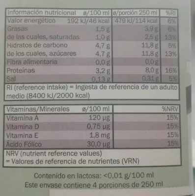 Lista de ingredientes del producto Leche uht sin lactosa semidesnatada Milbona 