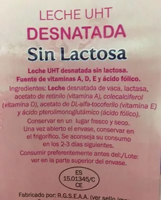 Lista de ingredientes del producto Leche Desnatada, Sin Lactosa Milbona 1 L