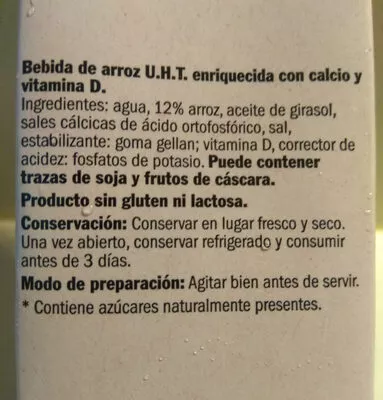 Lista de ingredientes del producto Bebida de arroz Milbona 1 l